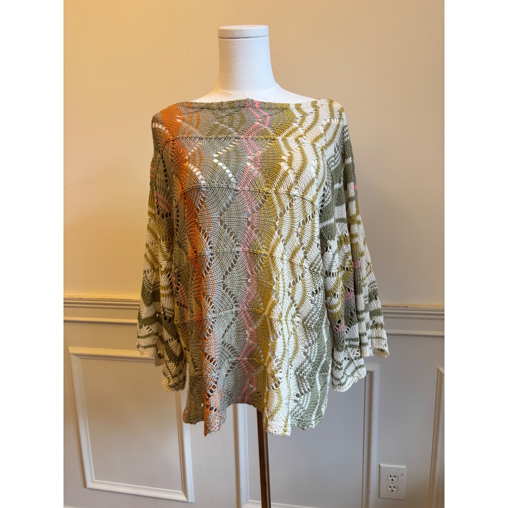 Easel Crochet Knit Sweater Small Green Orange Boho Bell Sleeve‎ Open Weave Top